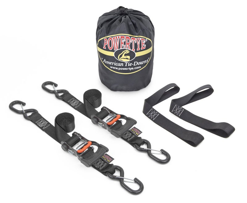 PowerTye 1.5in x 6ft Ergonomic Ratchet Tie-Down Kit w/Latching Hooks, Soft-Tyes, and Storage Bag - Made in USA - 1,000 lb. WLL / 3,000 lb. Breaking Strength - Black (Kit) - Image 1